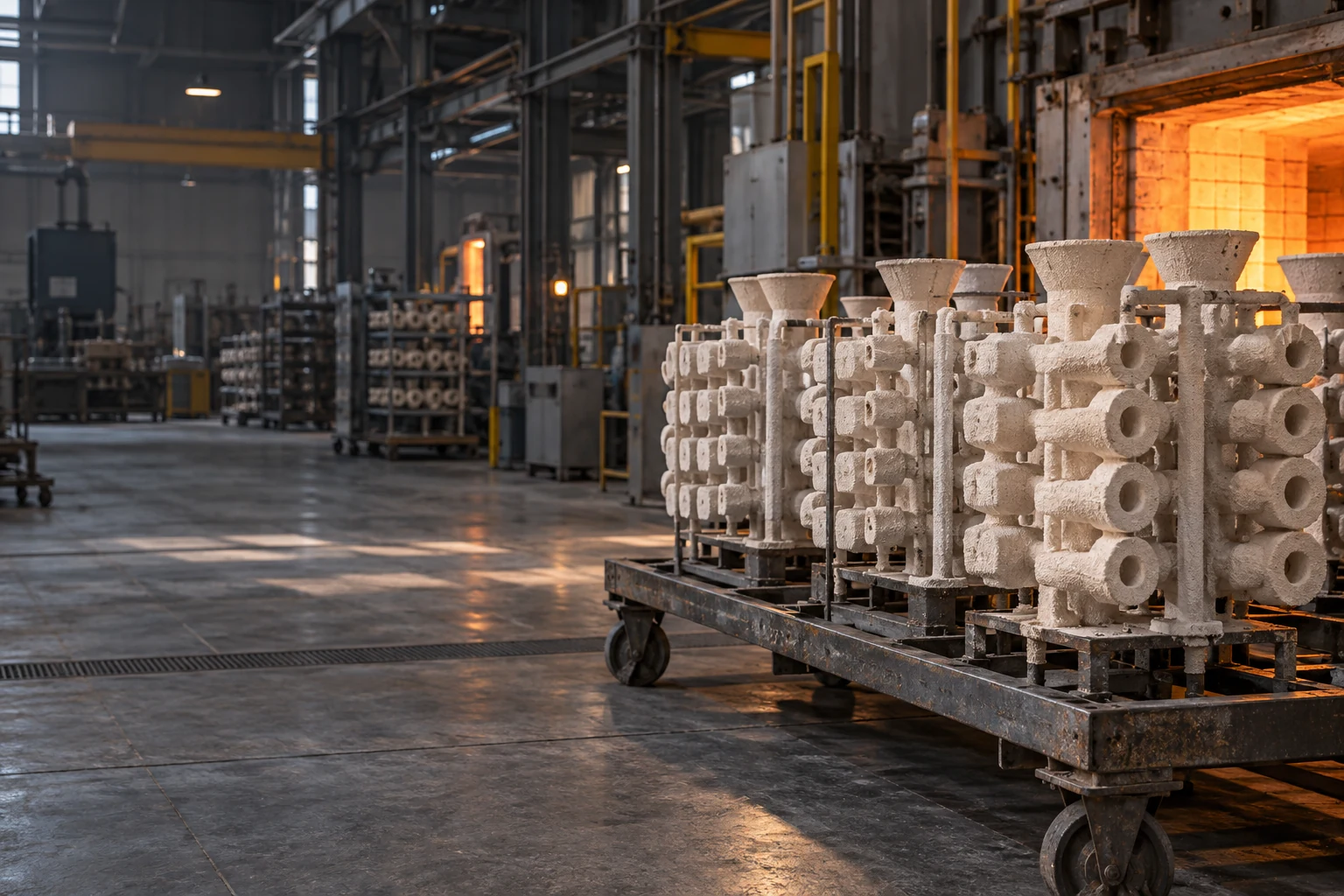 Investment casting ceramic shell moulds near a furnace, an AI-generated process illustration